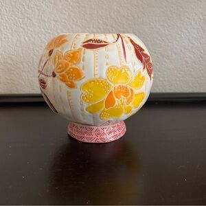 Anthropologie Zahara Orange Pink Embossed Floral 5X5.5" Round Stoneware Vase